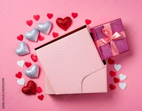 pink background featuring a Valentine's Day theme. Include elements like soft glowing hearts, roses, and romantic motifs such as Cupid's arrows, gift boxes, and love letters. The design should evoke a