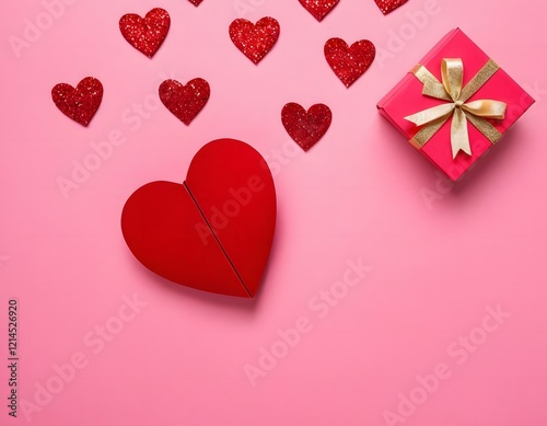 pink background featuring a Valentine's Day theme. Include elements like soft glowing hearts, roses, and romantic motifs such as Cupid's arrows, gift boxes, and love letters. The design should evoke a