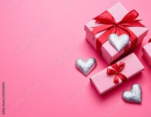 pink background featuring a Valentine's Day theme. Include elements like soft glowing hearts, roses, and romantic motifs such as Cupid's arrows, gift boxes, and love letters. The design should evoke a
