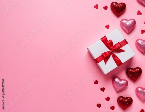 pink background featuring a Valentine's Day theme. Include elements like soft glowing hearts, roses, and romantic motifs such as Cupid's arrows, gift boxes, and love letters. The design should evoke a