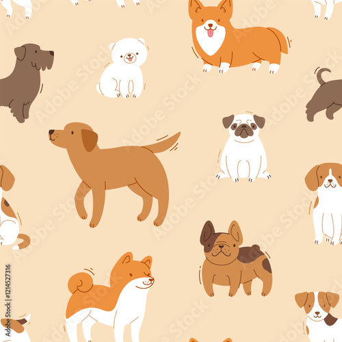 Beige pattern with different dog breeds. Seamless vector print with cute purebred dogs.