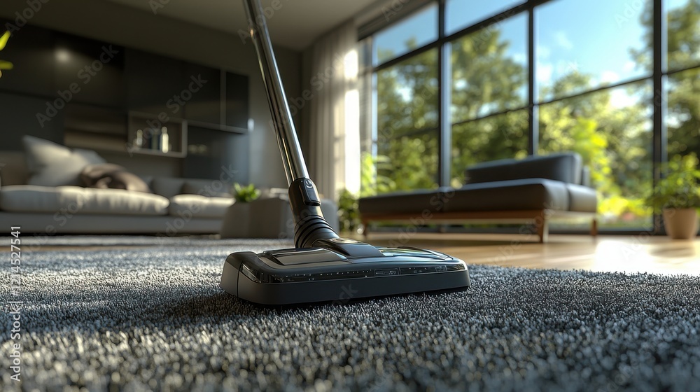 custom made wallpaper toronto digitalA modern, high-tech vacuum cleaner placed on a spotless, soft carpet in a well-lit living room. The room features minimalistic decor with neutral tones, sleek furniture