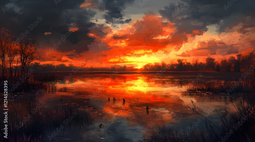 Obraz premium Fiery Sunset over Calm Lake Dramatic Sky Nature Scene