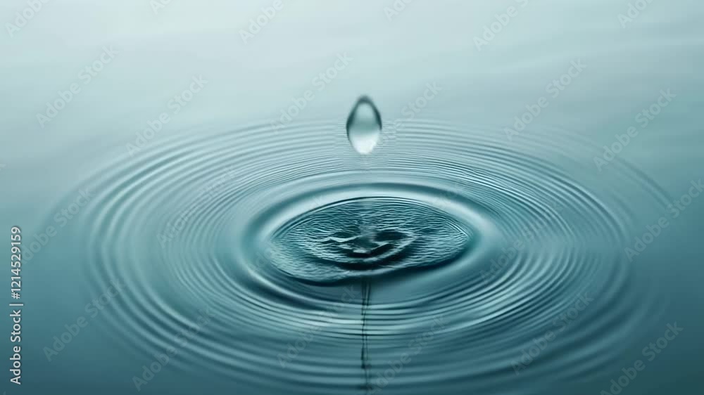 Single drop of water creating mesmerizing concentric ripples on a calm surface, reflecting the drop and ripples in vibrant shades of blue and turquoise, evoking tranquility and freshness Single drop of water creating mesmerizing concentric ripples on a calm surface, reflecting the drop and ripples in vibrant shades of blue and turquoise, evoking tranquility and freshness