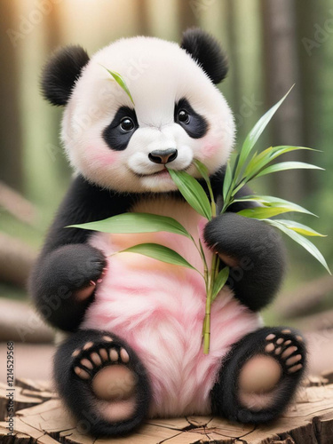 an adorable panda cub, eating bamboo.
