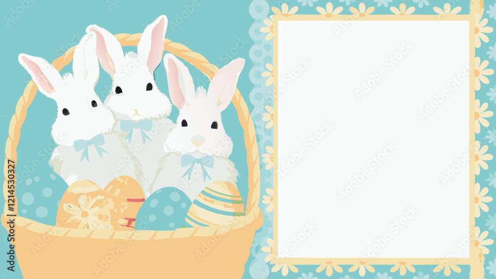 Three White Rabbits in Pastel Easter Basket with Floral Frame