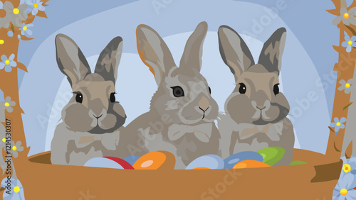 Three Gray Rabbits in Easter Basket with Blue Flowers