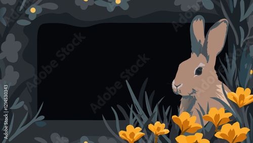 Brown Rabbit Nestled in Shadowy Landscape with Yellow Flowers