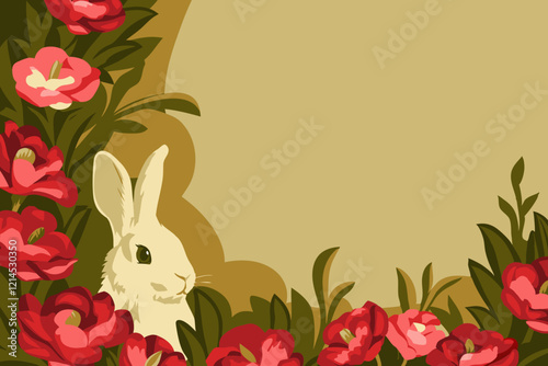 White Rabbit Nestled in Stylized Floral Vintage Illustration