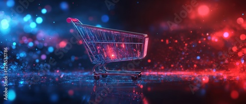 Online shopping cart glows, bokeh background