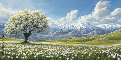 Wallpaper Mural Blossoming Tree in a Mountain Meadow of Flowers Torontodigital.ca