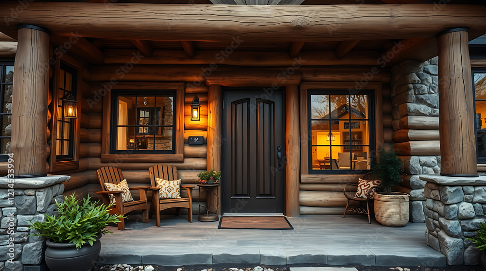 Rustic Log Cabin Home Exterior: Cozy Porch and Warm Evening Lighting Rustic Log Cabin Home Exterior: Cozy Porch and Warm Evening Lighting