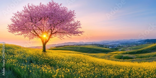 Wallpaper Mural Pink blossom tree sunset over yellow field landscape Torontodigital.ca