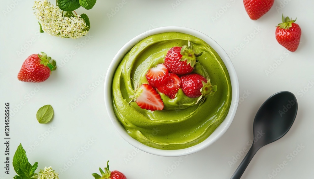 Matcha green cream on white bowl for sweet snack dessert Matcha green cream on white bowl for sweet snack dessert