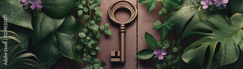 Antique key surrounded by lush green foliage, wooden background. Secret garden concept