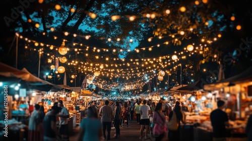 A vibrant night market illuminated by glowing lanterns, bustling with visitors amidst colorful stalls and a magical atmosphere.