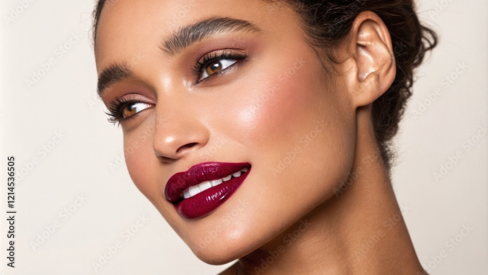 A captivating portrait showcases an individual with an intense shade of berry lipstick that reflects light beautifully. The background is muted and uncluttered drawing the viewers A captivating portrait showcases an individual with an intense shade of berry lipstick that reflects light beautifully. The background is muted and uncluttered drawing the viewers