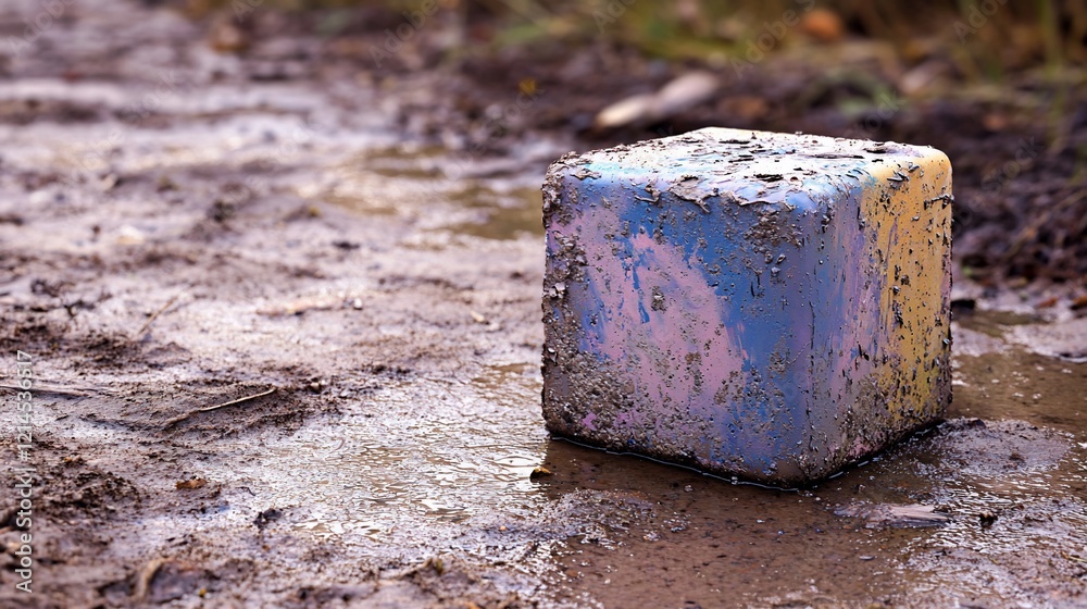 Fototapeta premium Mud-splattered cube on muddy ground near puddle.
