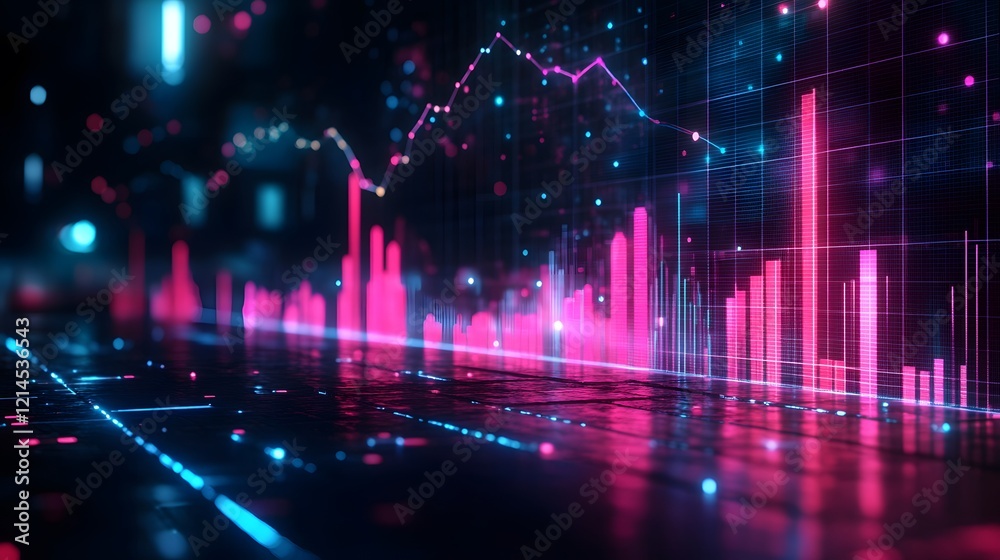 custom made wallpaper toronto digitalNeon financial chart features pink and blue gradients with upward trends, presented in 3D holographic style with grid perspective floor against dark background.