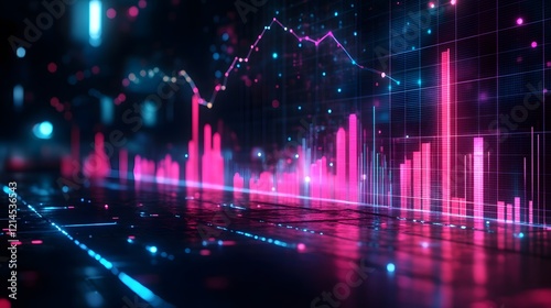 Wallpaper Mural Neon financial chart features pink and blue gradients with upward trends, presented in 3D holographic style with grid perspective floor against dark background. Torontodigital.ca