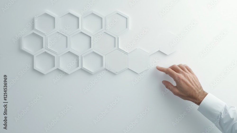 Hand Placing Hexagonal Shape on White Wall Design Hand Placing Hexagonal Shape on White Wall Design