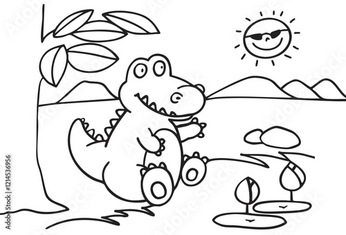 Adorable cartoon alligator coloring Illustration for Kids, line art, black and white isolated on a transparent background