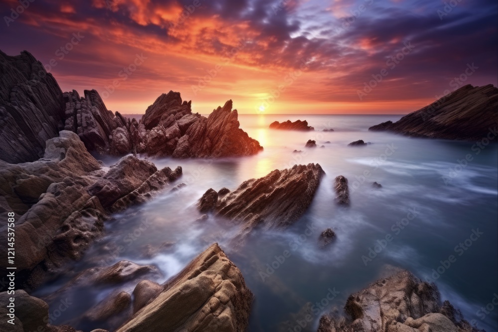 Fototapeta premium Long Exposure Seascape: Capturing the Serenity of a Rock Formation in the Shimmering Sunset Reflection amidst Blue Waters