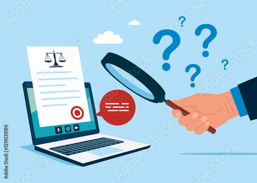 Online legal advice. Social justice and equal rights for all society. Discrimination awareness and legal support for public community. Big laptop, justice and law application. Flat vector illustration
