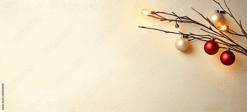 Fototapeta premium Elegant Christmas Decoration with Ornaments on Bare Branches Set Against Soft Textured Background