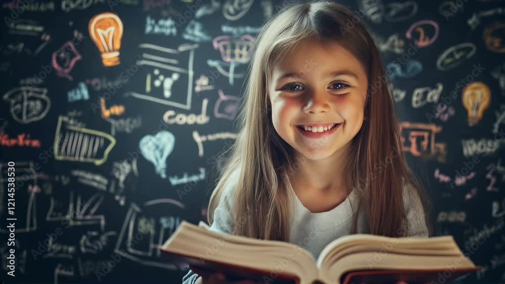 A young girl examines a book intently, surrounded by a vibrant chalkboard depicting various drawings and educational symbols that ignite creativity and imagination.