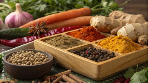 A detailed image of a ting board tered with whole es like turmeric ginger and fennel with vibrant root vegetables in the background. The colors and textures hint at their photo