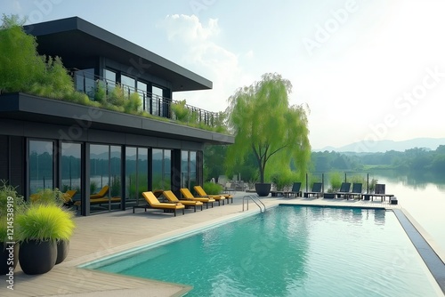 Modern villa with serene poolside overlooking lake surrounded by lush greenery and gentle sunlight