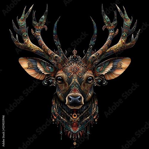 Ornate Deer Head Portrait, Detailed Ornamental Design, Decorative Art, Potential for T-shirt/Wall Art photo