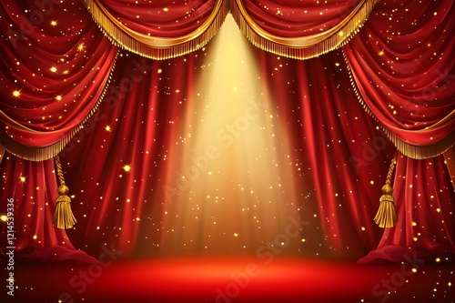 A lavish stage backdrop features a red curtain that is slightly parted in the middle, with gold tassels and soft spotlights illuminating the opening, creating an elegant and dramatic atmosphere