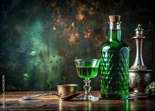 Absinthe Bottle, Spoons & Glass: Elegant Still Life Photo photo