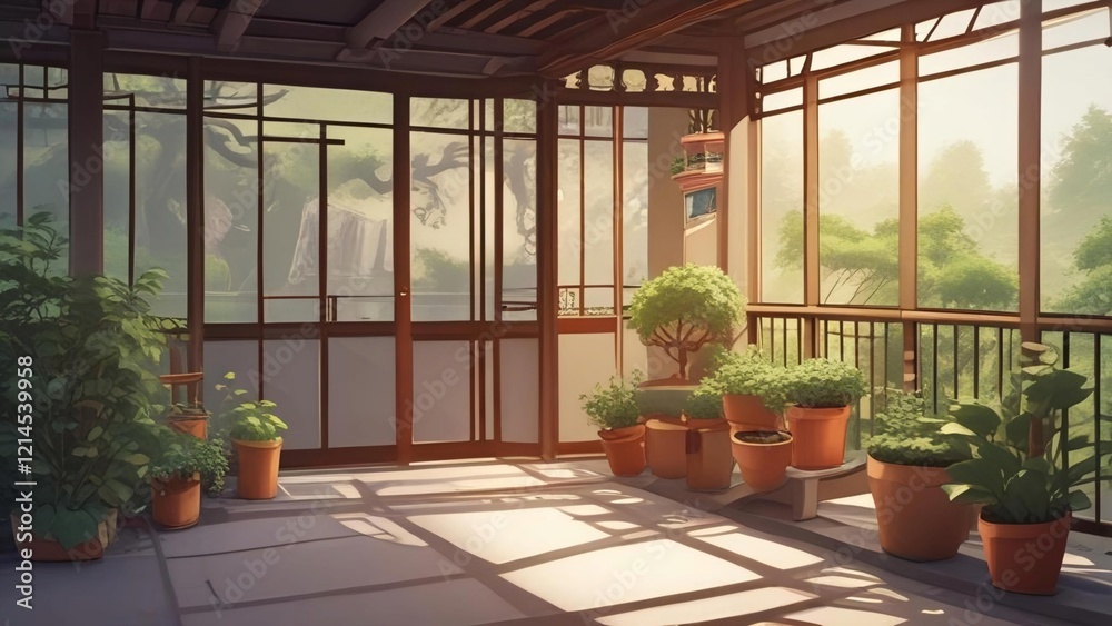 Sunlit Conservatory with Lush Greenery - Anime Background Concept Sunlit Conservatory with Lush Greenery - Anime Background Concept