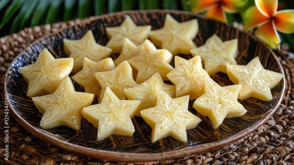 A sliced starfruit arranged on a tropical platter, with the star-shaped slices neatly displayed A sliced starfruit arranged on a tropical platter, with the star-shaped slices neatly displayed