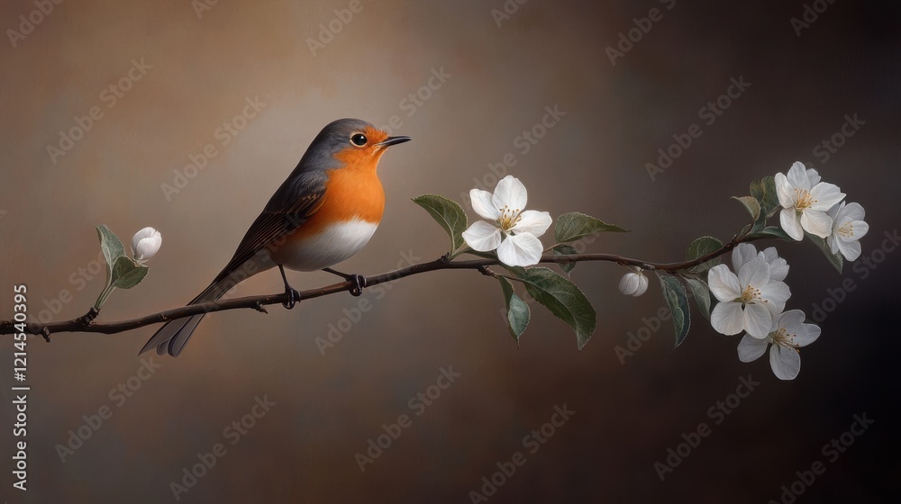 Fototapeta premium natures symphony, a cheerful robin perches on a blossoming branch, its song mingling with the gentle morning light of spring
