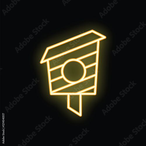 Yellow neon icon of wooden birdhouse glowing on dark background