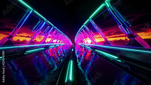 Vibrant neon lights illuminate a futuristic bridge at sunset, casting colorful reflections on the wet asphalt, creating a mesmerizing cyberpunk cityscape