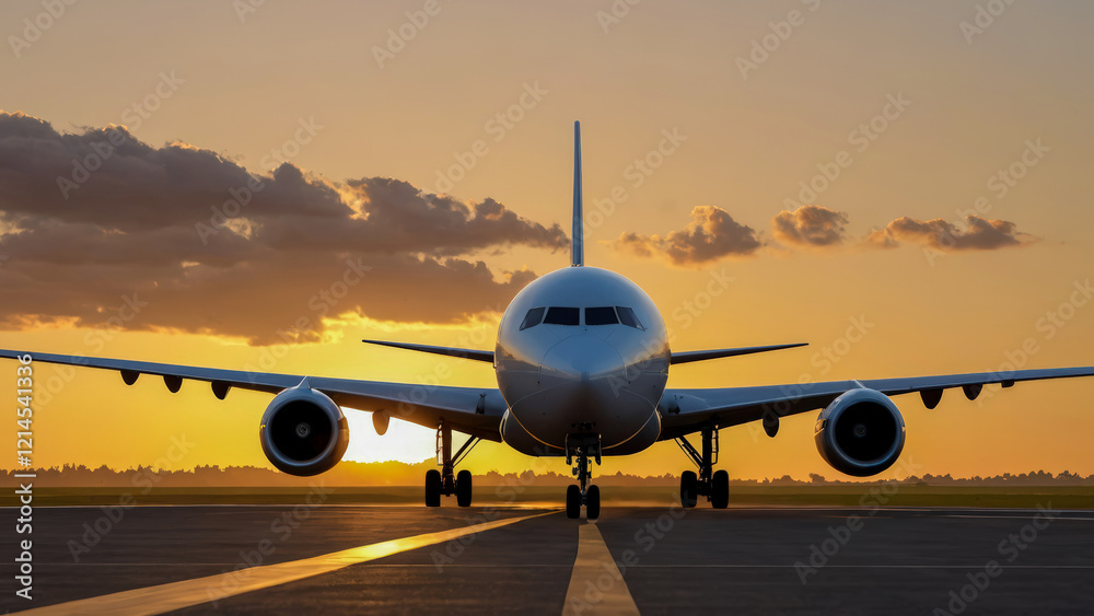 Airplane on runway beneath dramatic clouds and glowing sky on background. Amazing sunset, twilight. Symbolizing travel and adventure. Copy space. Airplane on runway beneath dramatic clouds and glowing sky on background. Amazing sunset, twilight. Symbolizing travel and adventure. Copy space.