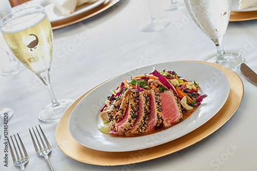 Asian sesame crusted ahi tuna served with coleslaw salad