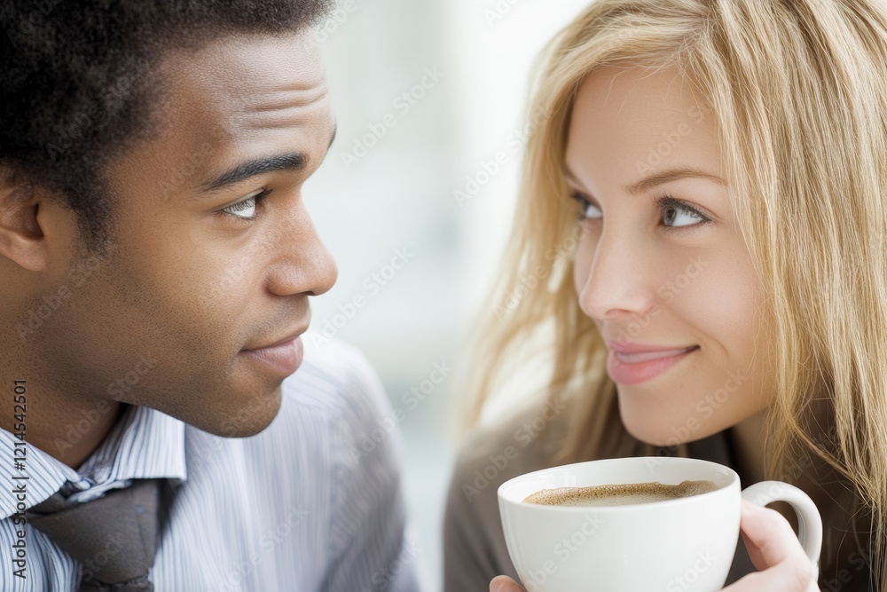 Diverse office workers couple having a coffee break, Generative AI Diverse office workers couple having a coffee break, Generative AI