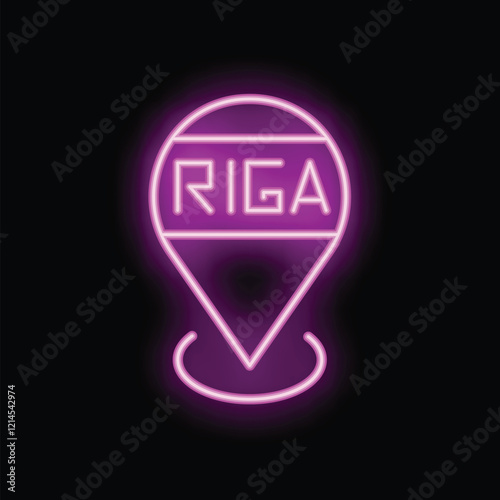 Purple neon map pointer marking riga in latvia glowing on a black background