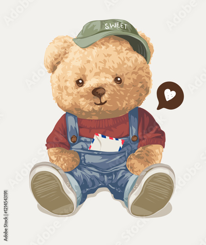 cute bear doll in overall denim with letter on his chest pocket vector illustration