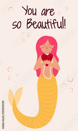 Vector illustration of mermaids of different races. Self-love concept, February 14