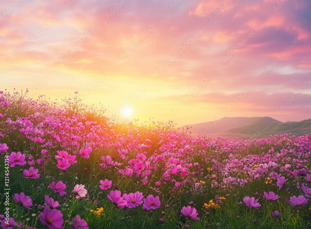 A vibrant field of pink and yellow flowers under a colorful sunset sky A vibrant field of pink and yellow flowers under a colorful sunset sky