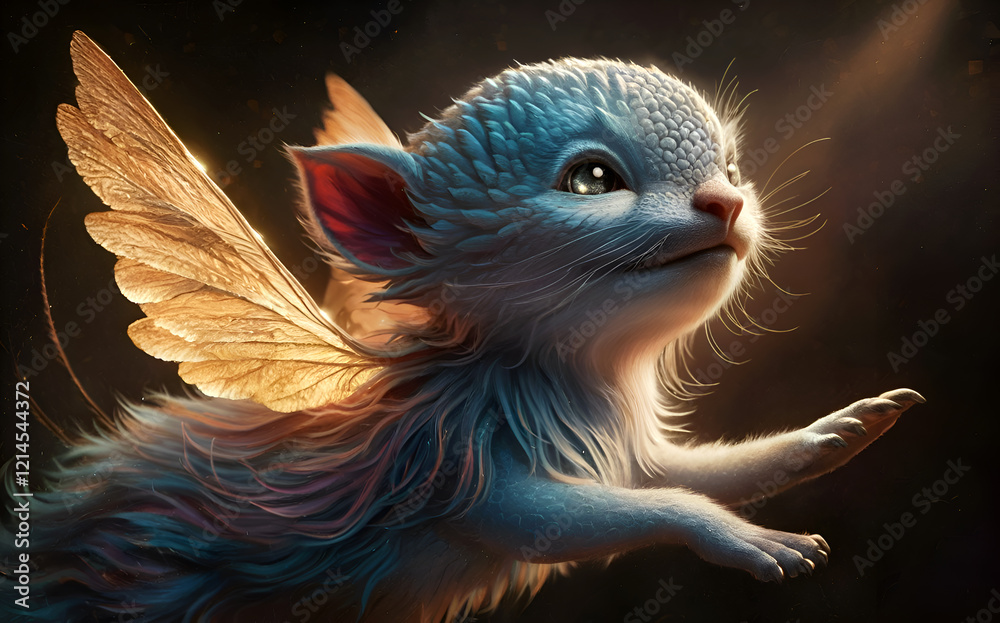 cutest fantasy ethereal animal-elf with golden wings childish creature. close up. digital artwork. Ai generated