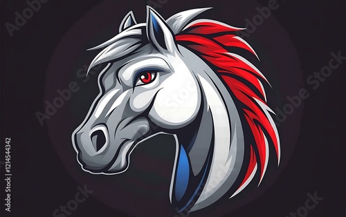 Stylized white horse head graphic design, vibrant colors, bold lines, suitable for logo or poster