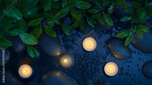 Serene Spa Setting with Candles, Wet Stones, and Green Leaves